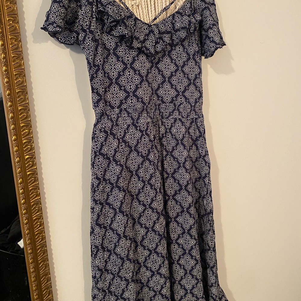 Navy Blue Print Ruffle-Trim Women’s Dress